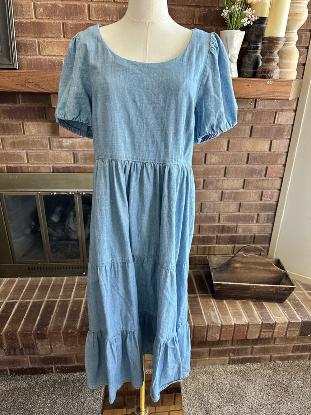 J.CREW Chambray Tiered Midi Dress Short Puff Sleeve Scoop Neck Light Wash 14
